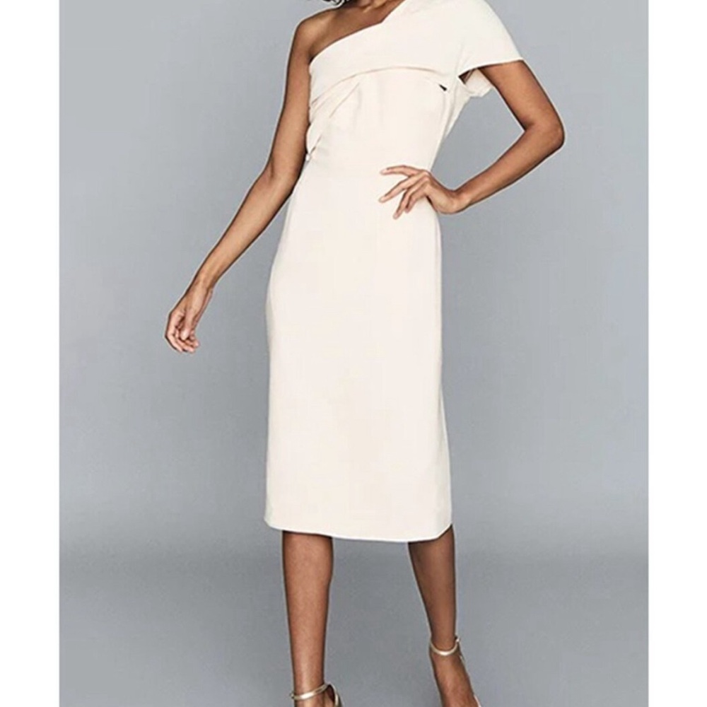 Reiss One-Shoulder Cream Knee-Length Dress
